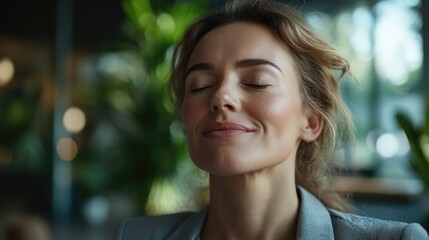 Obraz premium A young professional woman exuding confidence with a slight smile, eyes closed in a moment of relaxation or deep thought.