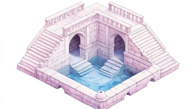 Wholesome watercolor illustration of Indian stepwells featuring multi-tiered water reservoirs and intricate stone staircases, showcasing ingenious engineering in a vibrant clipart design.