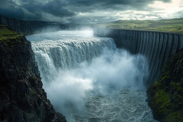 Fototapeta premium towering dam unleashes a frothy cascade into a misty gorge, emerald cliffs gleam under a stormy sky, raw power pulsing through a wild, eco-rich landscape.