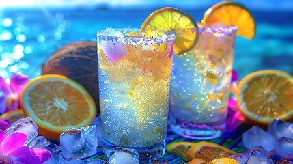 A chilled tropical mocktail in a frosted tumbler placed beside fresh coconut halves and citrus slices on a vibrant woven mat with a beach view