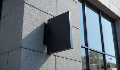 Blank black square sign mounted on a modern building exterior. Perfect for showcasing your business name or logo. Clean, minimalist design, ideal for mockups and branding projects. High-resolution ima