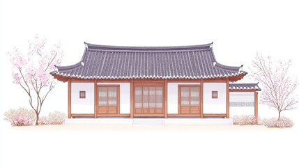 Fototapeta premium Wholesome watercolor illustration of traditional Korean Hanok houses featuring wooden structures, tiled roofs, paper sliding doors, embodying harmonious simplicity, suitable for clipart use