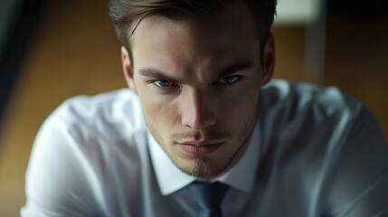 Obraz premium A man in a suit and tie looking serious, with a blurred office environment behind him.