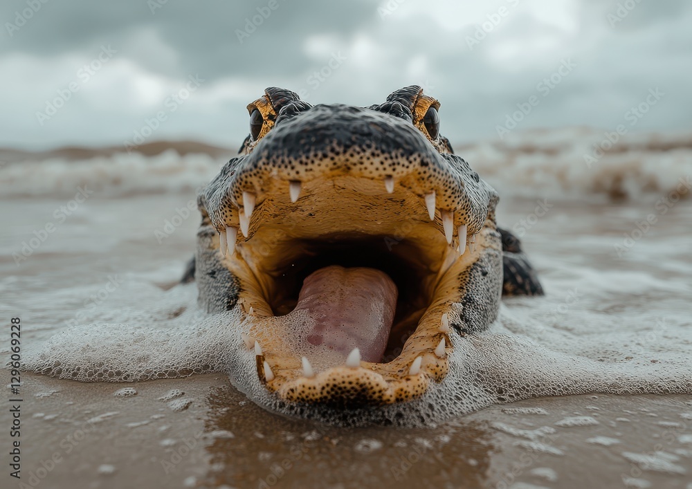 Poster fierce alligator with open mouth displaying sharp teeth in shallow water against dramatic cloudy sky