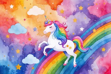 Vibrant Rainbow Unicorn Watercolor Abstract Background for Festive Celebrations