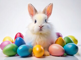 Adorable Easter Bunny with Colorful Eggs on White Background - Spring Holiday Stock Photo