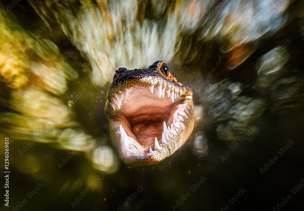 Poster fierce close-up of a predator with open mouth showcasing razor-sharp teeth in a lush water environme