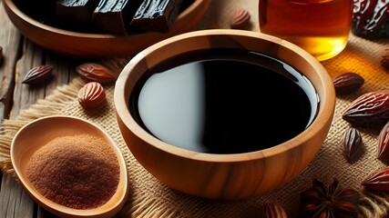 a bowl of black molasses of grapes and pomegranate and dates and carob on a wooden table
