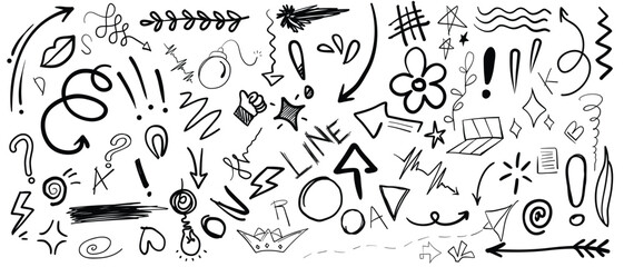 Simple sketch line style elements. ute Doodle pen line elements.Doodle arrow, heart, star, decoration symbol, icon set. Hand drawn sketch doodle cute star, emphasis, flower element.Vector illustration
