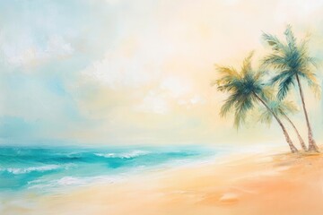 Fototapeta premium tropical oasis with golden sand, swaying palms, turquoise waves, soft pastel sky, idyllic summer vibe, blurred horizon, serene and inviting composition.