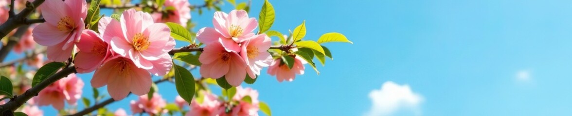 Obraz premium Lush apricot tree in full bloom against bright blue sky, foliage, spring background