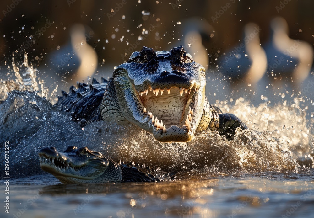 Poster fierce crocodile emerges from water with open jaw in dynamic action scene surrounded by blurred bird