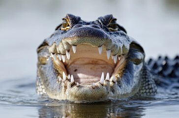 Obraz premium Fierce Crocodile with Wide Open Mouth Displaying Sharp Teeth in Water Environment Captured in Stunning Detail for Nature and Wildlife Photography