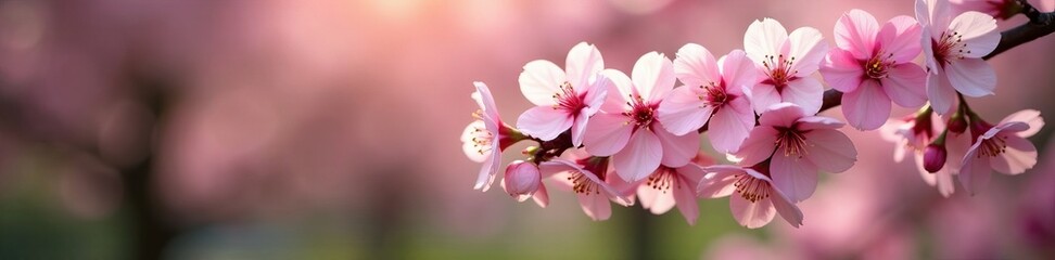 Lush pink and white cherry blossoms on a tree branch in a garden, seasonal, fresh