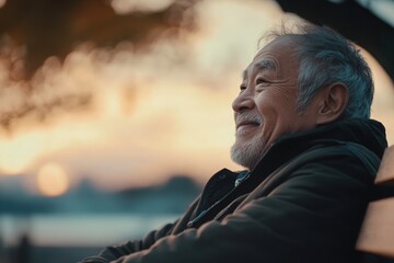 An elderly man on a bench, smiling, contemplates the sunset, feeling deep gratitude and peace. 