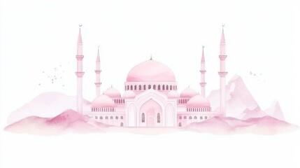 Fototapeta premium Whimsical Watercolor Illustration of Ottoman Mosques, featuring grand domes, slender minarets, intricate arabesque patterns, vibrant colors, ideal for creative projects.