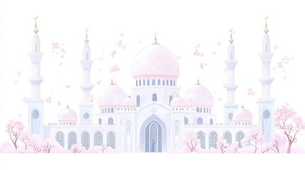 Fototapeta premium Wholesome watercolor illustration of Ottoman mosques featuring expansive domes, elegant minarets, intricate arabesque patterns, and architectural harmony on a white background