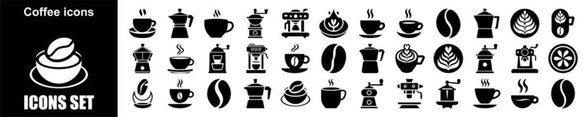 Coffee Icon Set for Café Espresso Beans Brew Beverage Cup Barista Aroma Roasting