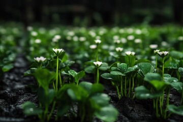 An emerald field after the rain, where new flowers grow from the ground, symbolizing rebirth. 