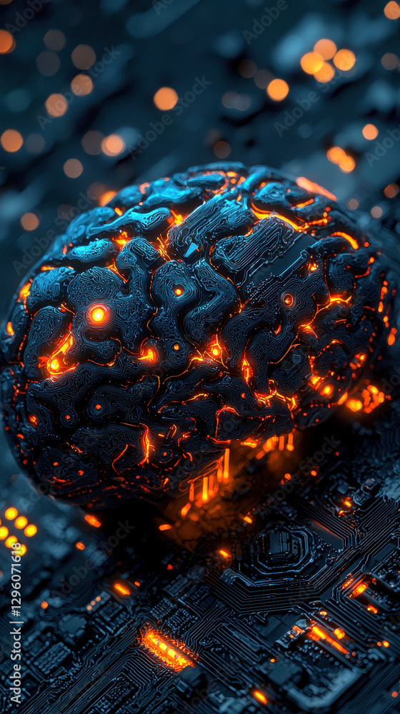 Poster futuristic ai brain illuminated by neon synapses with intricate glowing circuits showcasing advanced