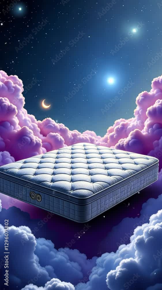 Poster a white mattress is floating in the sky. the mattress is surrounded by clouds. the clouds are purple
