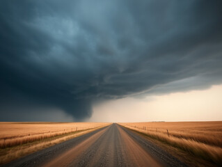 Tornado funnel cloud forms over an empty highway, capturing extreme weather in action.