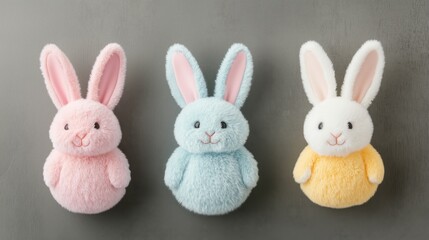 Obraz premium Pastel colored plush bunny rabbits lined up neatly, sitting side by side against soft gray surface