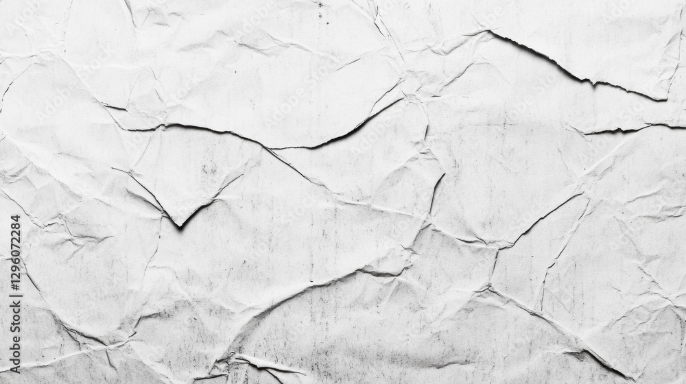 Poster White crinkled paper unfolds a captivating landscape of light and shadow, creating a visual symphony of texture. Subtle creases and folds invite closer inspection, enhancing artistic expression