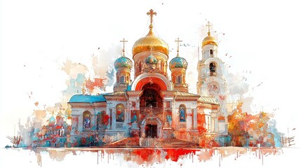 Vibrant watercolor illustration of onion-domed Russian Orthodox churches, adorned with rich frescoes, highlighting cultural significance, isolated on white background, clipart design