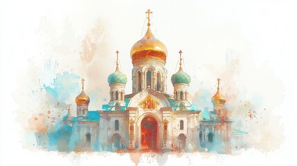 Obraz premium Whimsical watercolor depiction of Russian Orthodox churches with onion domes, adorned with colorful frescoes, showcasing cultural heritage, vibrant clipart on white background