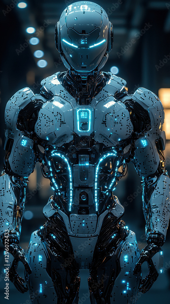 Aufkleber futuristic humanoid robot stands in a high-tech laboratory showcasing ultra-realistic design and glo