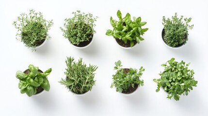Naklejka premium Collection of Fresh Aromatic Culinary Herbs in Small White Pots, Top View Flat Lay