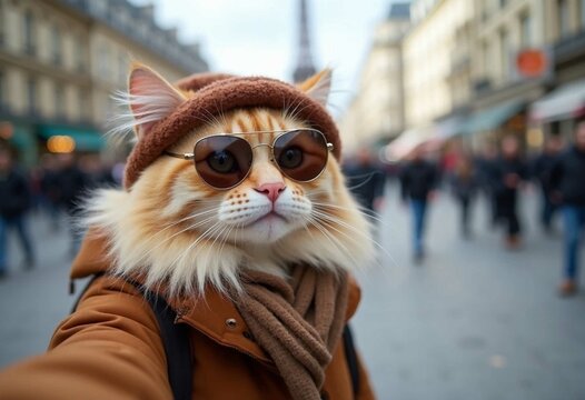 A light beige long haired cat takes a selfie while traveling in Paris. She was wearing warm winter clothes and sunglasses, standing against the backdrop of the streets of Paris