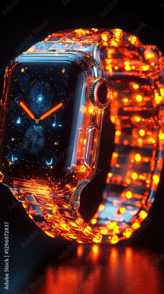 Poster futuristic smartwatch features holographic display and biometric security authentication with a glow
