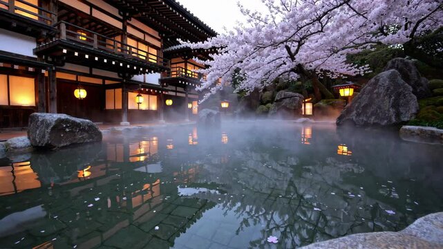 Traditional Ryokan Onsen: A Serene Outdoor Hot Spring with Cherry Blossoms