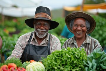 Senior farmers picking fresh vegetables and greens at the market