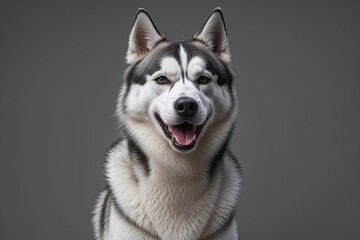 Joyful Siberian Husky Portrait on Grey Background Showcasing Happy Expression