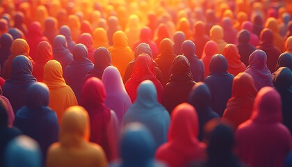 Fototapeta premium Vibrant Crowd in Colorful Hijabs Under Warm Light