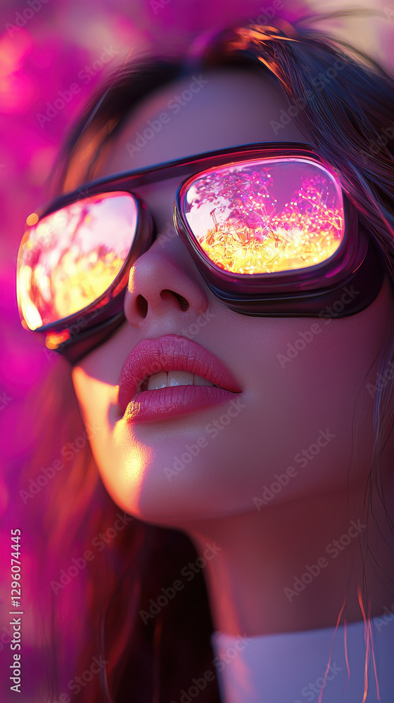Poster immersive virtual reality marketplace with glowing avatars and blockchain-driven economy in a high-t