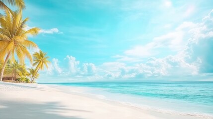 Palm Tree on Tropical Beach with Blue Sky and White Clouds, Vintage Tone Filter Background with Copy Space for Summer Vacation and Business Travel Concepts