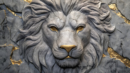 Obraz premium 3D lion head wall art, textured wallpaper, with golden lines, in a grey color tone 