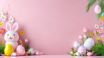 Easter bunny and colorful eggs with spring flowers creating a festive scene on a pink background