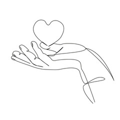 One continuous single drawing line art flat doodle heart over palm, health, love, medicine. Isolated image hand draw contour on a white background, hand drawn, not AI