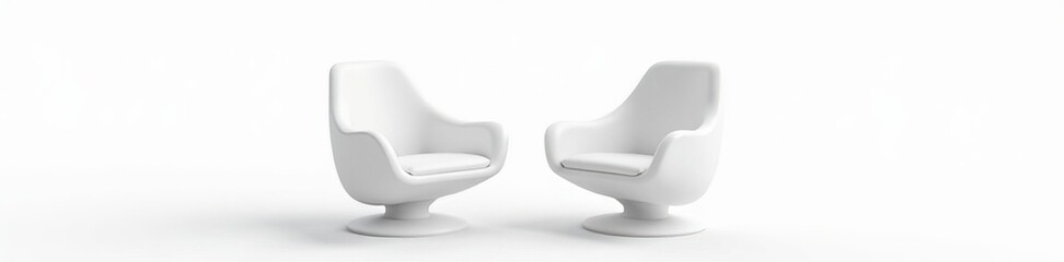 Two sleek white chairs in heart shapes isolated on white background, design, romance