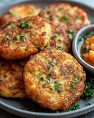 Fototapeta premium Golden vegetable fritters with dipping sauce on a plate