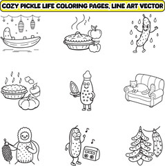 Cozy Pickle Life Coloring pages, Pickle coloring pages line art vector illustration, bold and easy coloring page
