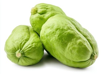 Fresh Green Chayote Squash Piles Stacked Together, Highlighting Smooth Skin and Unique Shape Against a White Background
