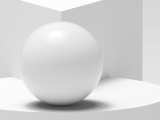 A smooth white sphere is in a bright, minimalistic geometric environment, 3 d