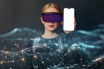 Person using VR glasses and holding a smartphone with a digital interface