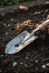 Weathered Garden Shovel Blade Against Dark Rich Soil with Natural Textures in Soft Natural Light
